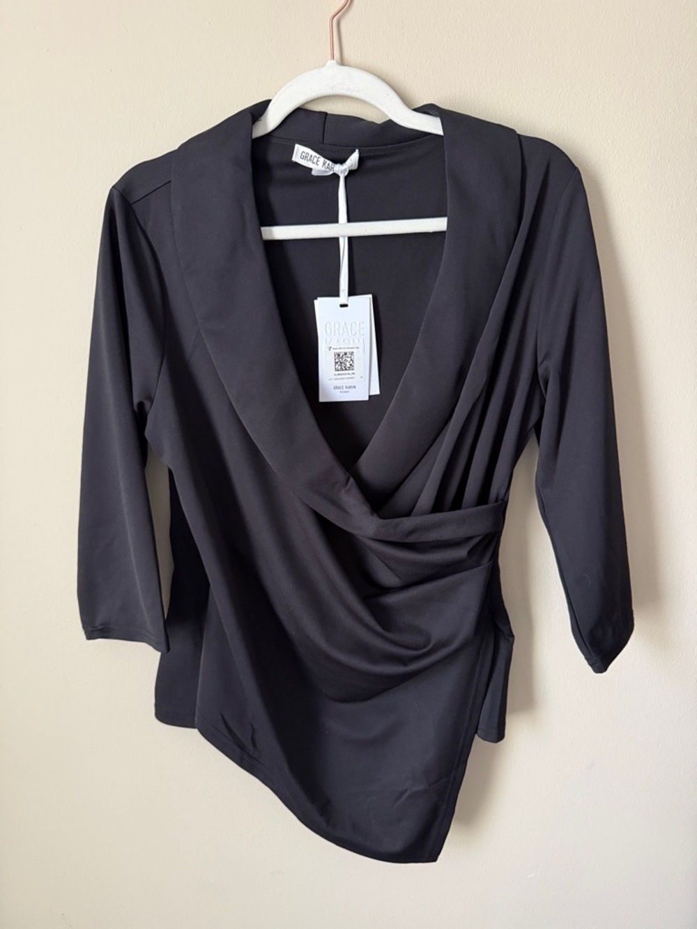 Grace Karin Black Draped Wrap V-Neck Blouse